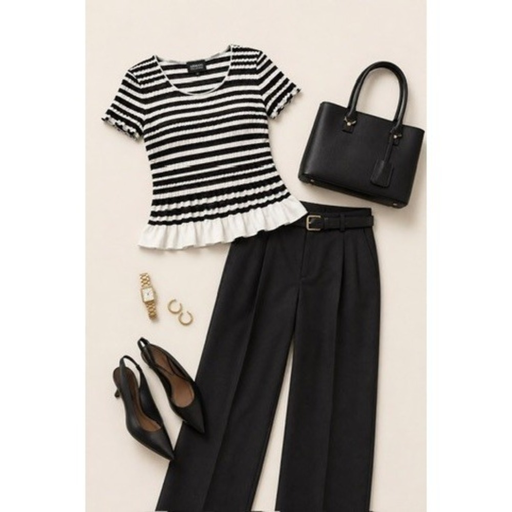 Armani Collezioni Women's Black/White Striped Textured Peplum Top Size 12